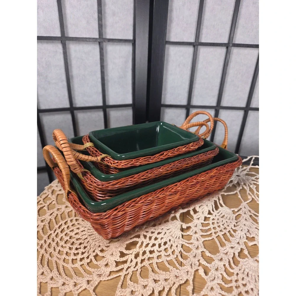 Vintage Green Ceramic Baking Dish Set with Wicker Baskets 3 Pieces Rectangular